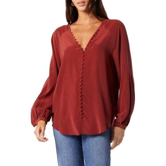 Joie TP042247881 Women's Sz M Russet Brown Shariana Silk Button Up Blouse - Picture 1 of 5